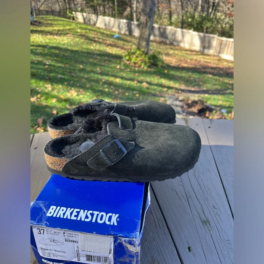 🖤BIRKENSTOCK BOSTON SHEARLING IN BLACK SUEDE CLOGS SHOES 37 EU 6 US NARROW - Picture 8 of 10